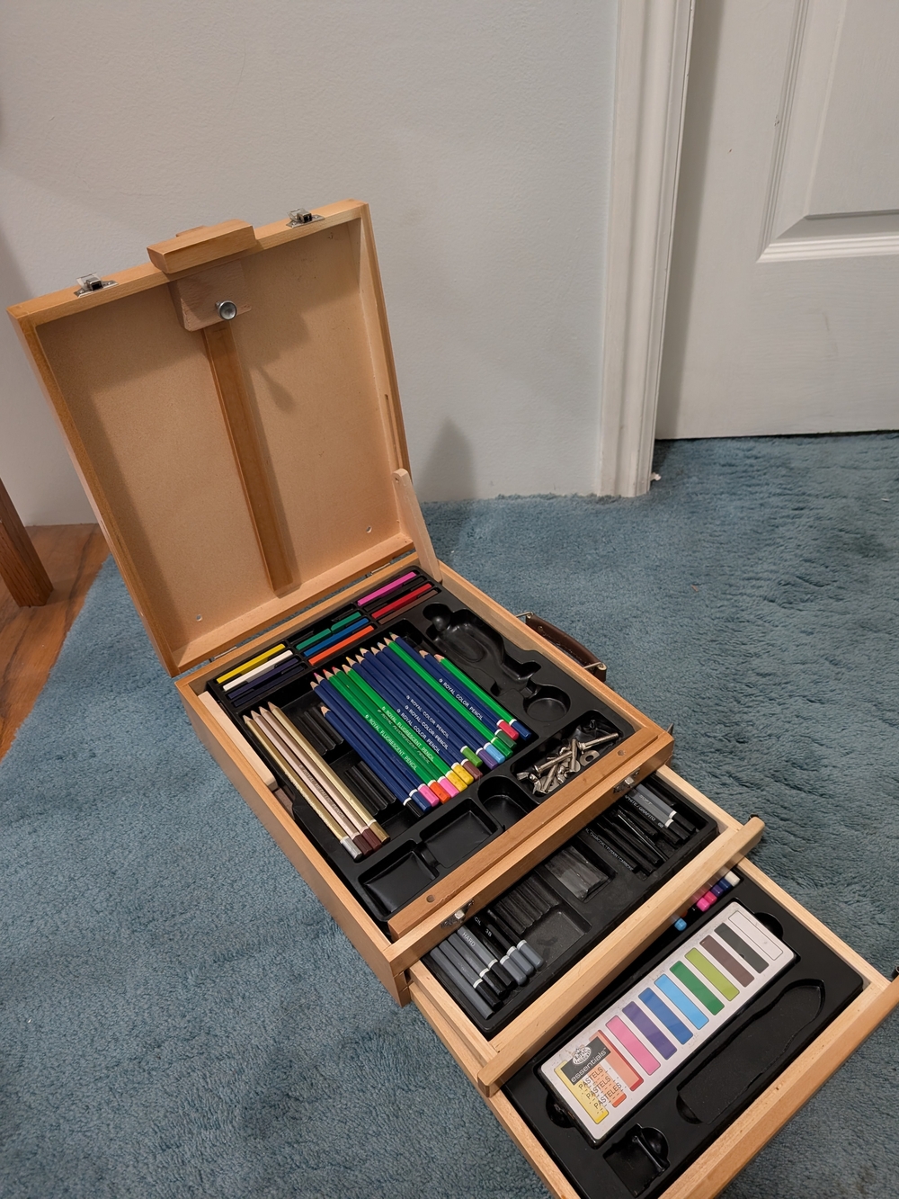 Wooden Art Supply Organizer Case with Assorted Colored Pencils - Natural